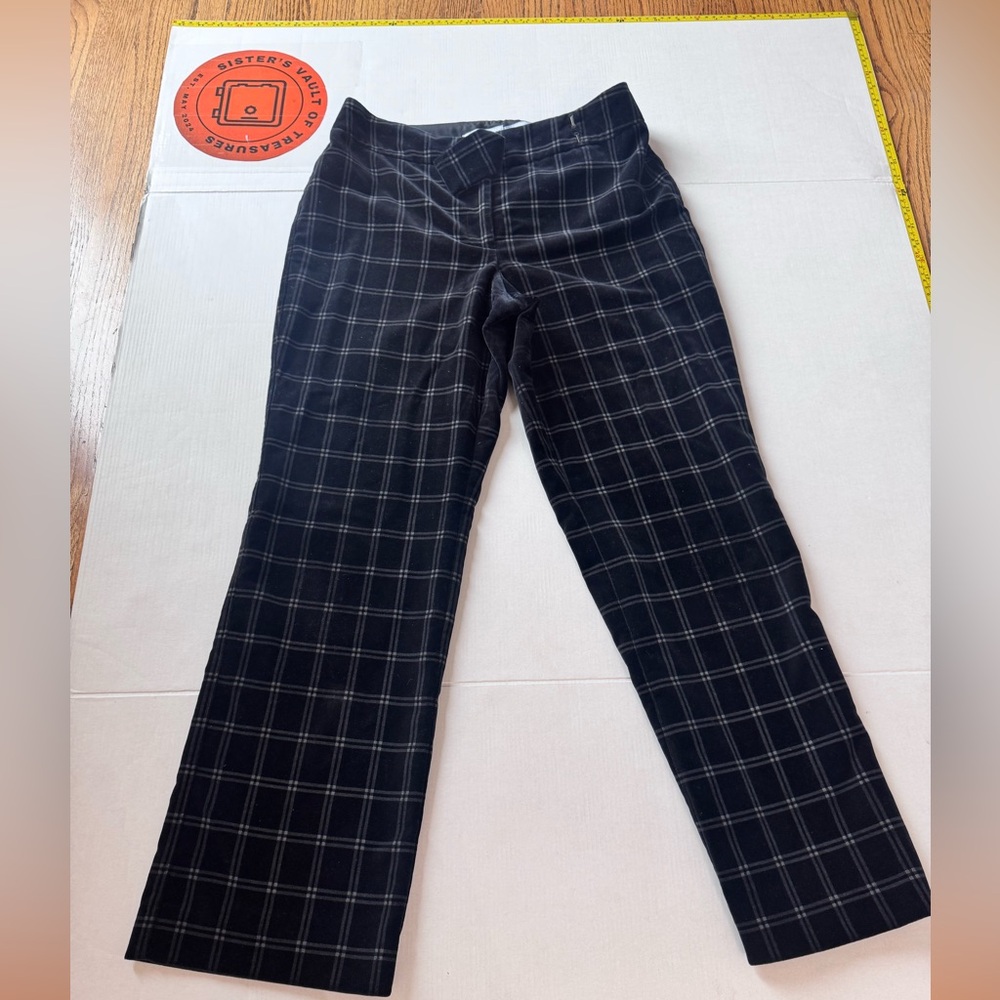 Valerie Stevens Petite Black Plaid Velvet Trousers‎ Straight Leg Size 8P Cotton